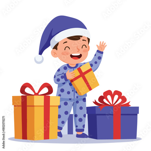 Child in pajamas joyfully opening Christmas gifts surrounded by colorful presents and festive decorations 