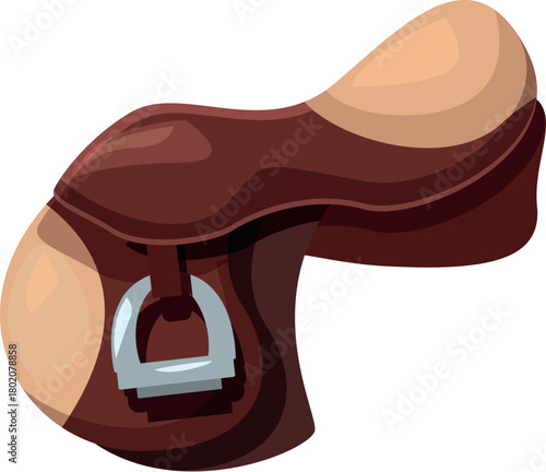 Classic horse saddle featuring rich brown leather and stirrup iron, ideal for equestrian themes