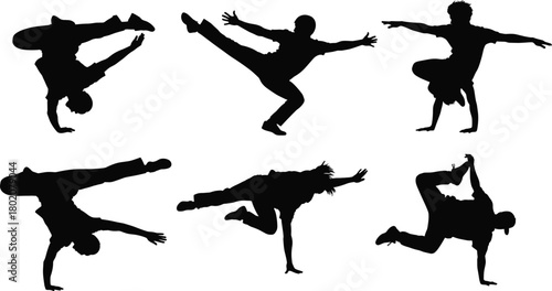 Set of black silhouettes, breakdance poses, b-boy dancers doing hip hop moves, street dance freezes and handstands, isolated vector illustration.