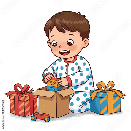 Child joyfully opening birthday presents in festive pajamas while surrounded by colorful gift boxes and a toy car 