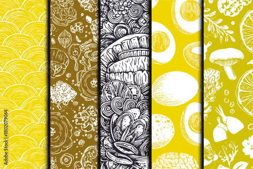 食欲をそそる食材や調理済みの卵をモチーフにした、黄色と茶色を基調とした手描き風のベクターパターン背景素材セット