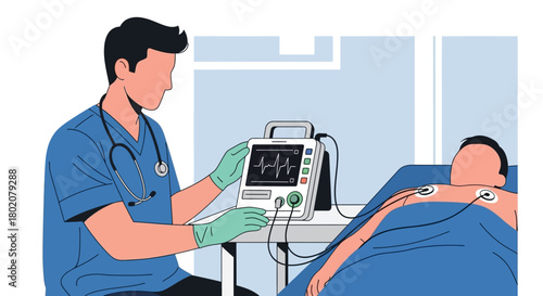 Doctor checking vital signs on patient with heart monitor in hospital room, medical examination and healthcare concept