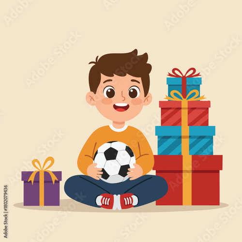 Happy boy holding soccer ball surrounded by colorful birthday presents celebrating special occasion of joy and excitement 