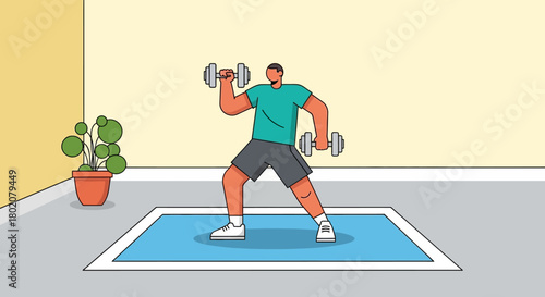 Man doing bicep curls with dumbbells on mat in room with plant, illustrating home workout and fitness routine