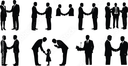 Set of black silhouettes, business people interaction, man and woman shaking hands, corporate meeting, agreement, man bowing to child, isolated vector illustration collection.