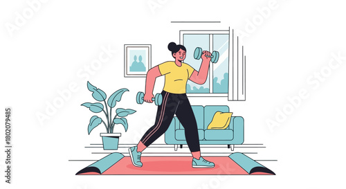Woman exercising at home, lifting dumbbells with determination and focus, promoting healthy lifestyle and fitness routine