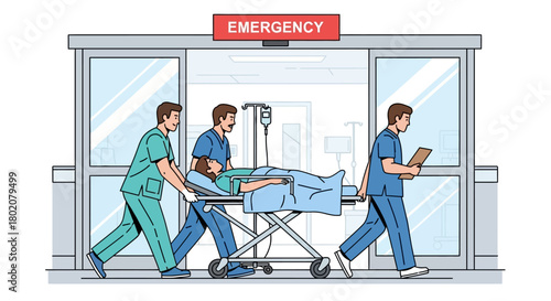Medical emergency team rushing patient on gurney into the hospital emergency room entrance, conveying urgency and critical care