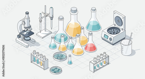 Laboratory equipment including microscope, beakers, flasks, and centrifuge, used for scientific research and experiments, isolated on