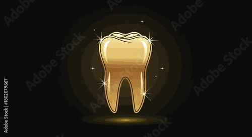 Gleaming golden tooth with healthy shine, symbolizing dental health, perfect smile, and oral hygiene, set against dark, elegant with subtle sparkles