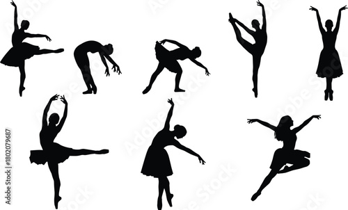Set of black silhouettes, collection of ballerinas, female ballet dancers in classical and modern dance poses, graceful figures, isolated vector illustration.