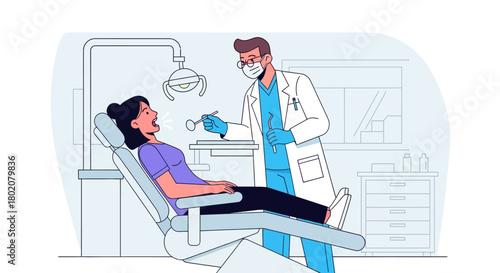 Dentist examining patients teeth in dental chair with modern equipment