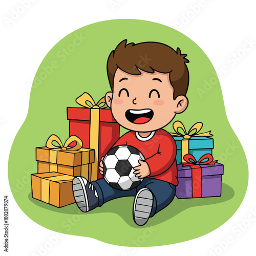 Happy boy celebrating birthday with gifts and soccer ball in colorful setting 