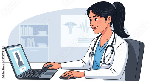 Smiling female doctor in coat and stethoscope is seen working on laptop, engaging in telemedicine or online consultation, with blurred medical