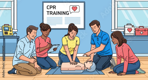 CPR Training Session: A group of individuals is engaged in a CPR training session, learning vital life-saving skills. They are focused on performing CPR, learning rescue techniques.