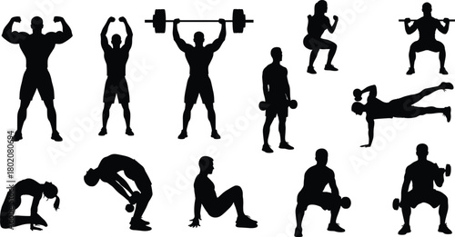 Set of black silhouettes, collection of fitness people, man and woman exercising, gym workout poses, weightlifting, squats, dumbbell and barbell exercises, isolated vector.