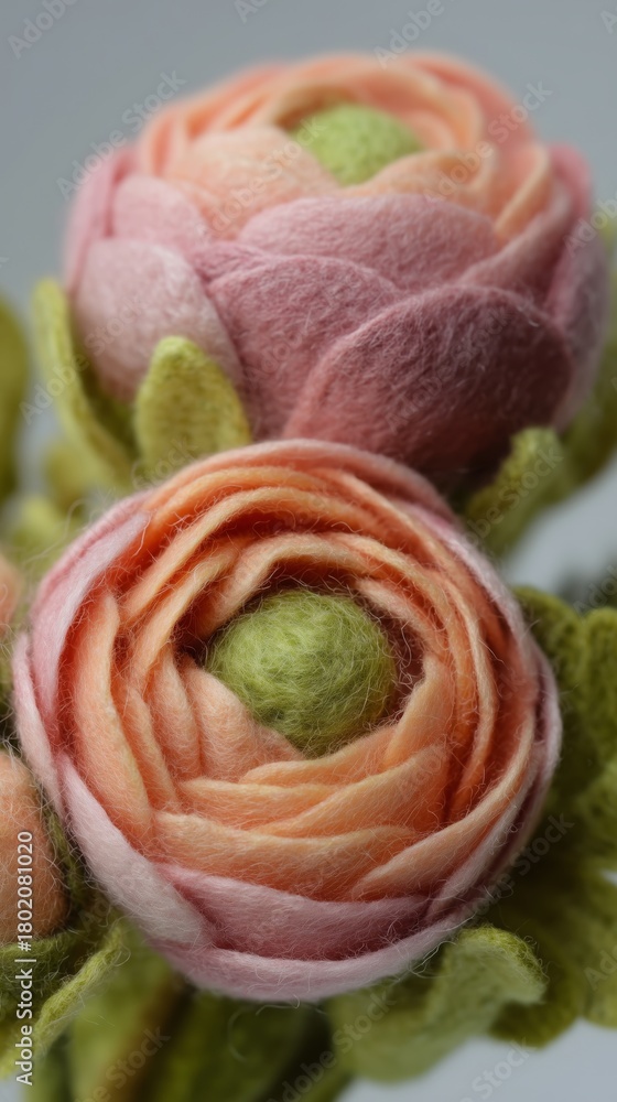 Fototapeta premium Soft Felt Ranunculus Flowers in Pastel Pink and Yellow, Handcrafted Floral Ornaments for Home Styling