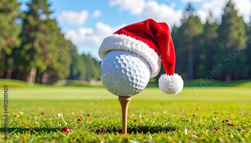 A golf ball resting on a tee, topped with a miniature Santa hat, set on lush green grass on a sunny golf course, symbolizing Christmas sports and holiday golf. (178 characters)