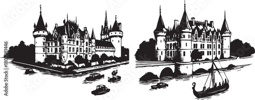 Loire Valley Castles. Hand drawn set.