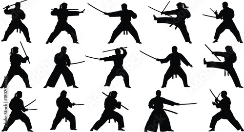 Set of black silhouettes, collection of martial arts fighters, man and woman with swords, samurai and ninja poses, holding katanas, isolated vector illustration