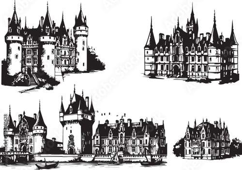 Loire Valley Castles. Hand drawn set.