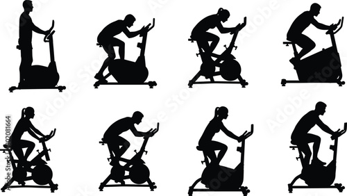 Set of black silhouettes, collection of people exercising, man and woman riding stationary exercise bikes, gym cardio workout, isolated vector illustration.