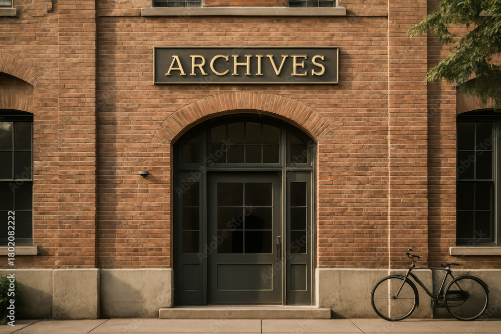 Obraz premium Historic building entrance with archives sign and bicycle nearby