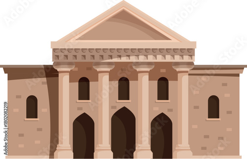 Classic government building featuring columns, arched entrances, and a pitched roof, presented in a simple illustrative style