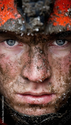 Close-up of a determined person with blue eyes, face covered in dirt, wearing a helmet, embodying resilience and the aftermath of physical exertion.