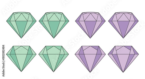 An arrangement of colorful faceted gem shapes in shades of green and purple