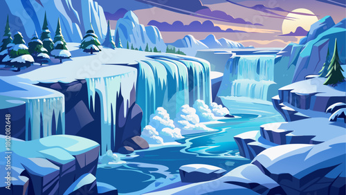 A stunning winter view of frozen Niagara Falls, with icy cliffs, mist crystals, and snow-covered surroundings glowing under soft cold sunlight, creating a dramatic and majestic frozen spectacle