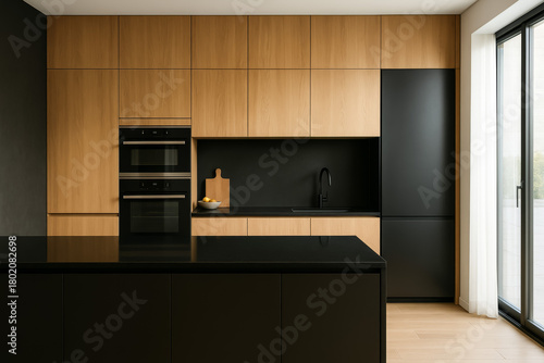 Modern kitchen interior with wooden and black cabinetry design