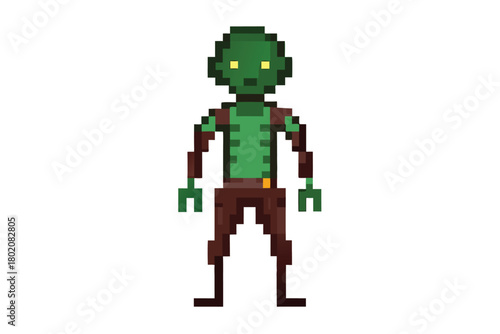 Pixelated green zombie is standing up straight, with yellow eyes showing eeriness
