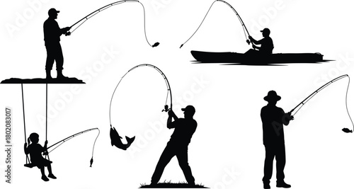 Set of black silhouettes, collection of people fishing, fisherman standing on dock, man in kayak, child on swing with rod, catching fish, isolated vector illustration.