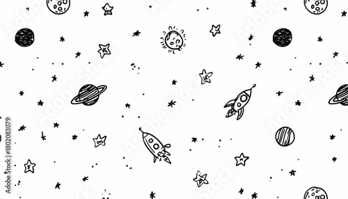 手描き風のロケット、惑星、星が描かれた白黒の宇宙シームレスパターンのベクター背景素材。