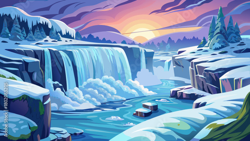 A breathtaking winter scene of Niagara Falls surrounded by thick snow, glittering ice structures, frozen mist layers, and a serene pale sky, capturing the powerful yet peaceful beauty of the frozen