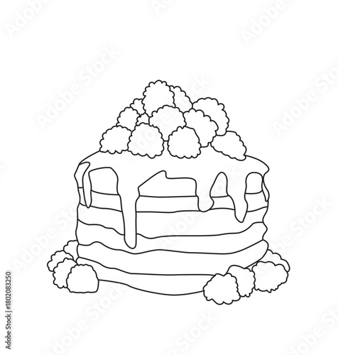 Vector illustration of a pancake pile cake with raspberries and cream