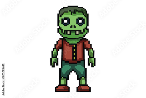 Pixelated green zombie stands wearing a buttoned shirt and tattered green pants on a white background