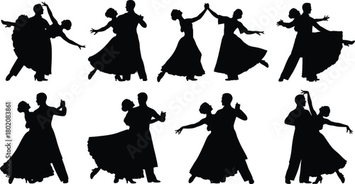 Set of black silhouettes, couples dancing ballroom dance, collection of elegant waltz, tango, foxtrot poses, man and woman partners, isolated vector 