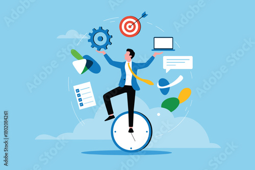 Businessman Balancing Time Management and Productivity Tasks. Multitasking Professional Managing Workload and Deadlines Illustration.