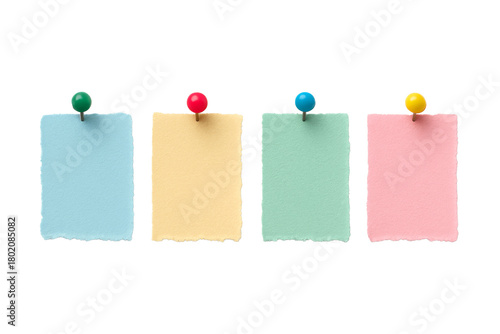 Set of paper notes on pins. Paper notebook sheets with pins vector collection for design.