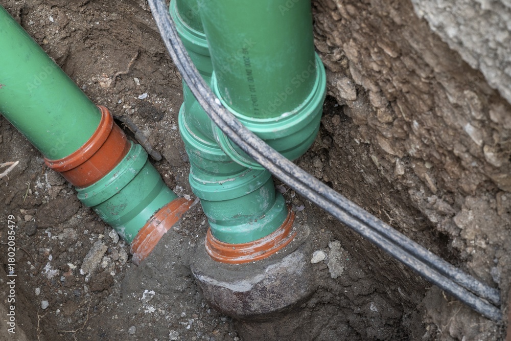 custom made wallpaper toronto digitalConstruction worker, newly laid green sewage pipes, Stuttgart, Baden-Württemberg