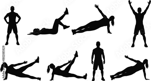 Set of fitness silhouettes, collection of people exercising, man and woman workout poses, side plank, crunches, jumping jacks, isolated vector set.