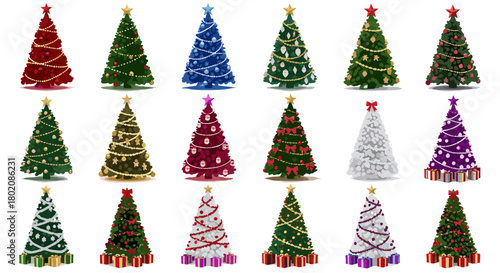 Collection of decorated christmas trees isolated on