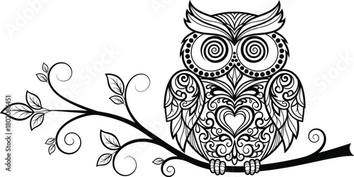 Stylized black owl on branch, decorative ornamental bird with intricate lace patterns and heart, vector illustration isolated, tattoo or logo graphic.