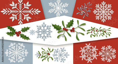 Collection of snowflakes and mistletoe on red and blue background