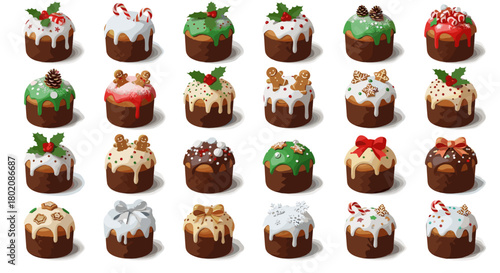 Collection of festive christmas cupcakes isolated on