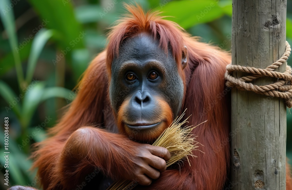 Fototapeta premium Orangutan with orange fur and dark face sits looking forward, holding dry grass bunch. This primate rests near wood post with rope, green jungle plants background.