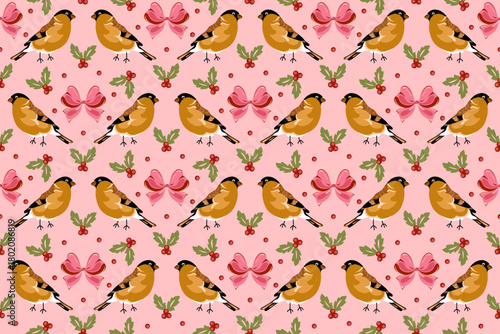 Floral seamless pattern with bows, berries, leaves with ocher yellow color feather birds on soft pink background print. Vintage style trendy creative vector illustration for fabric or wallpaper design