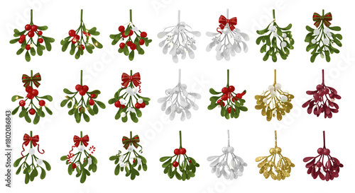 Collection of mistletoe sprigs with berries and bows isolated on