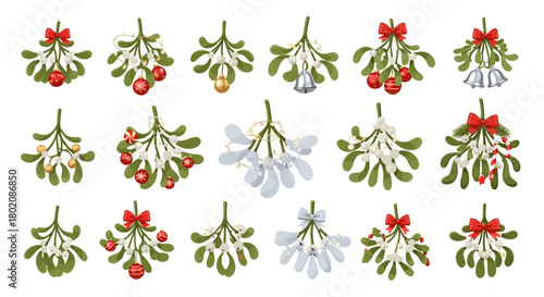 Collection of mistletoe sprigs with christmas decorations isolated on